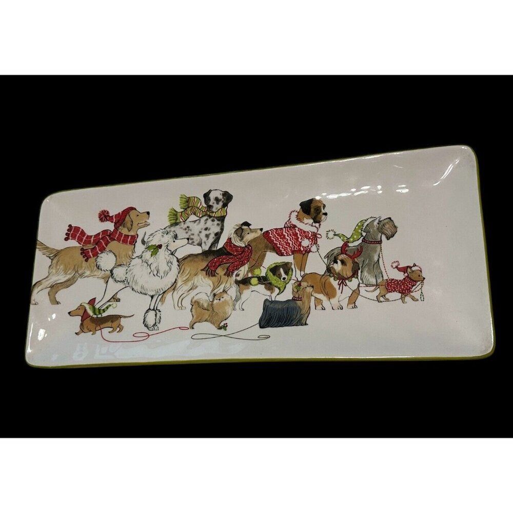 Pier 1 Park Avenue Puppies Ironstone Christmas Winter Serving Tray Plate Dogs